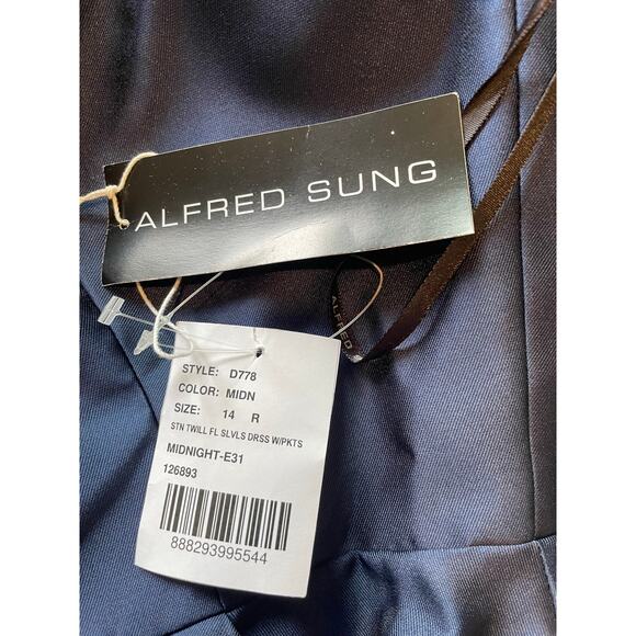 Alfred Sung NWT Gown Maxi Dress NWT Satin V-Neck Pockets D778 Midnight Sz 14 - Picture 7 of 11